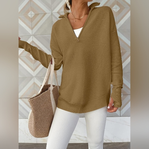 V-Neck Oversized Half Zip Long Sleeve Knit Top Sweater - Picture 2 of 4
